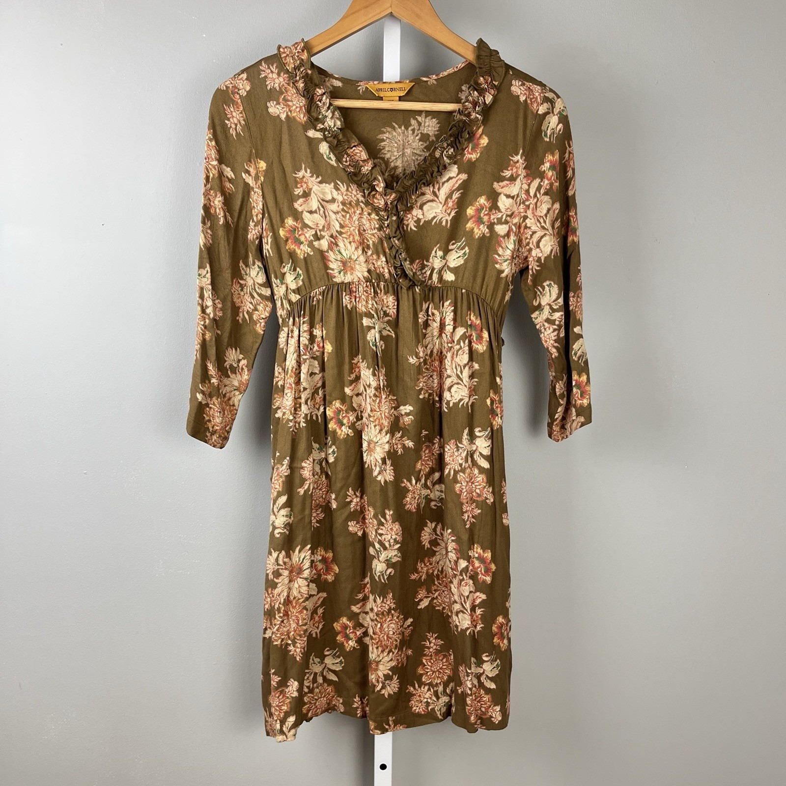 April Cornell Dress Womens Xxs Tan Floral Print Cottage Boho Western